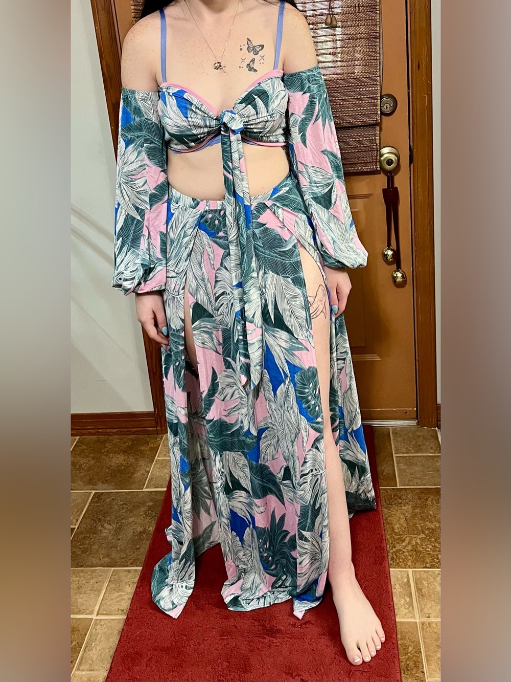 Good Time USA Dyna Dior Tropical Leaf Two-Piece Maxi Set in Pink, Green & Blue